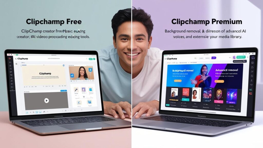 Comparativa visual entre Clipchamp gratis y Clipchamp premium. Un creador latinoamericano editando videos en Clipchamp, con dos pantallas divididas: una mostrando funciones básicas y otra mostrando herramientas premium como eliminación de fondo, voces IA avanzadas y biblioteca multimedia. El entorno es moderno y enfocado en productividad audiovisual